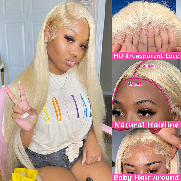 Transparent Lace 13x4 Frontal Wig Color Blonde(613) Straight 100 Human Hair