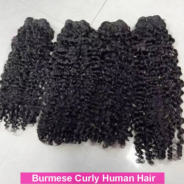 Burmese Curly Human Hair Bundles #1B Natural Color Wavy Mink Hair and 5*5 Transparent Closure For Women