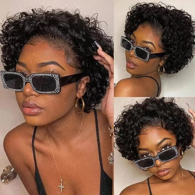 13x1 Lace Front Wigs,Short Curly Human Hair Wigs Pixie Cut Bob Glueless Wigs