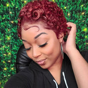 13x1 Lace Front Burgundy Red Wigs,Short Curly Human Hair Wigs Pixie Cut Bob Glueless Wigs