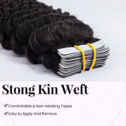 Tape In Hair Extensions Human Hair 50g Deep Wave Black Color With Replacement Tapes 20 Pcs, Remover