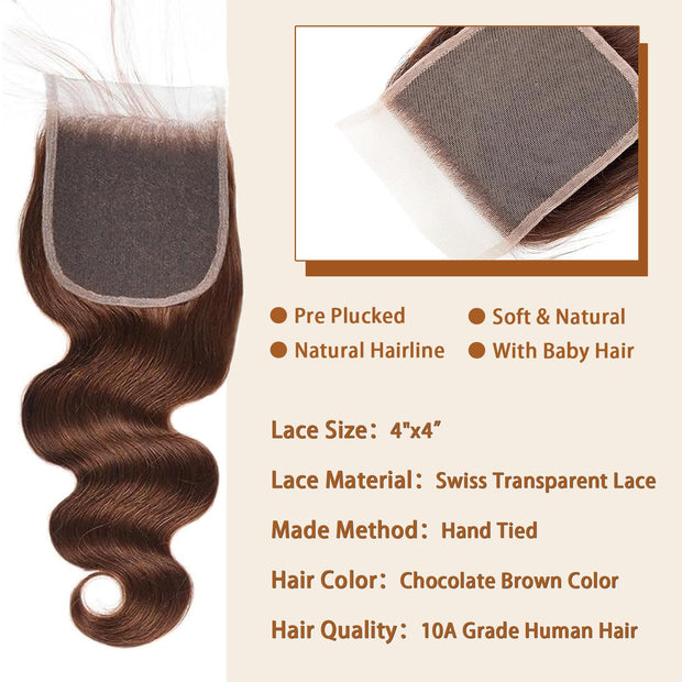 4X4 Lace Closure Body Wave Medium Brown(#4) Color 100% Human Hair Closure
