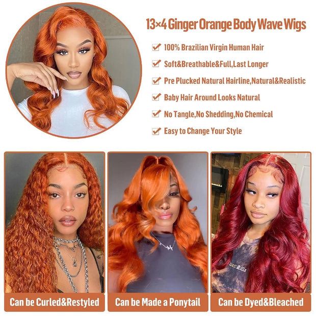 13x4 Lace Wig Color #350 Reddish Brown Body Wave 180 Density 100 Human Hair full frontal transparent lace Wig