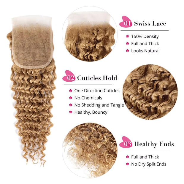 4X4 Lace Closure Deep Wave Honey Blonde (#27) Color 100% Human Hair Closure
