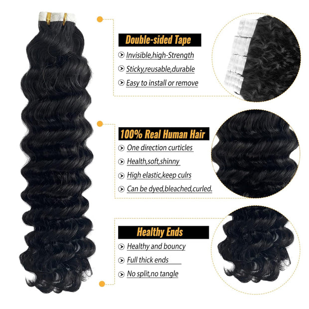 Tape-in Premium Human Hair Natural Color Deep Wave - 20Pcs/Pack