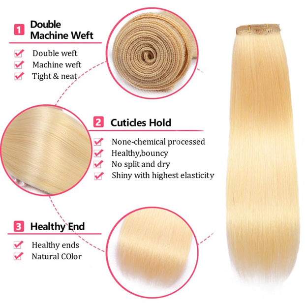 Double Drawn Indian Raw Hair Straight Full End Unprocessed 100% Human Hair Blonde(613) Color