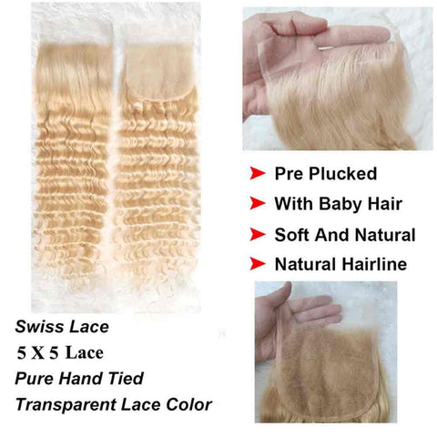5X5  HD Lace Closure 613 Blonde Human Hair Deep Wave