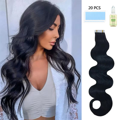 Tape In Hair Extensions Human Hair 50g Body Wave Black and Dark Brown Color With Replacement Tapes 20 Pcs, Remover