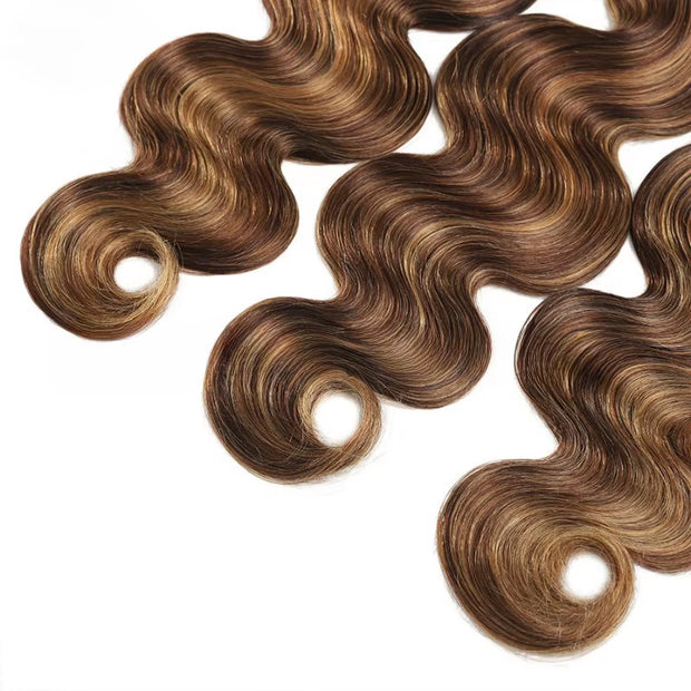 Better Hair, Less Money - Master Blend hair Body Wave Brown and honey blonde highlighted Color 4P27 Human Hair with High Quality Fibers for quick wave, ponytail