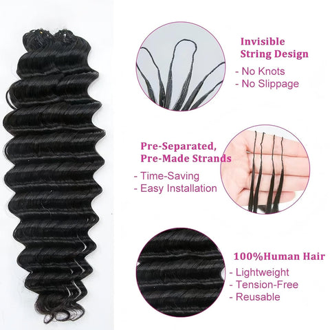 Deep Wave Knotless Pre-Separated Crochet Hair Extensions Feather Hair Extensions Deep Curly Feather Line Hair Extension 100% Human Hair Natural Color