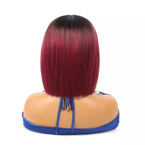 1B/99J Black and Burgundy Ombre Straight Short Bob Wigs Human Hair None Lace Front Wigs 10inch