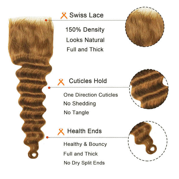 4X4 Lace Closure Loose Deep Honey Blonde (#27) Color 100% Human Hair Closure