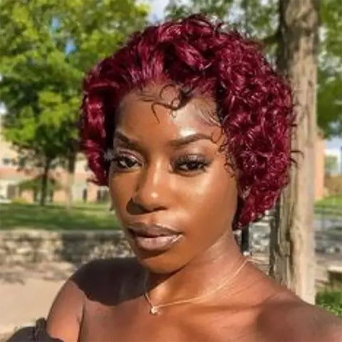 13x1 Lace Front Burgundy Red Wigs,Short Curly Human Hair Wigs Pixie Cut Bob Glueless Wigs