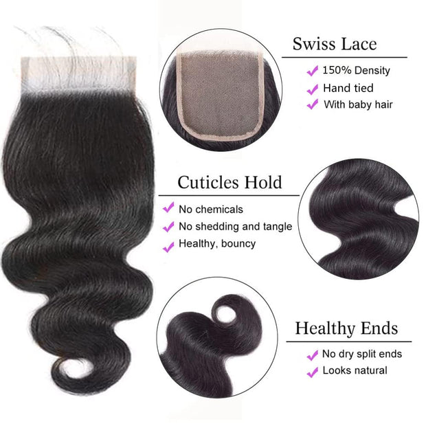 4x4HD Lace Closure Body Wave Human Hair 100% Unprocessed Brazilian Virgin Hair Free Part