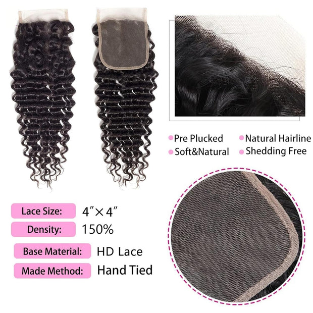 4x4 Lace Transparent Lace Closure Deep Wave Virgin Natural Human Hair