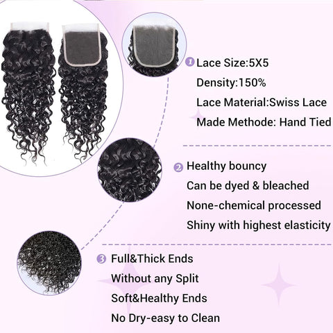 5x5HD Lace Closure Water Wave Brazilian Natural Virgin Remy Human Hair