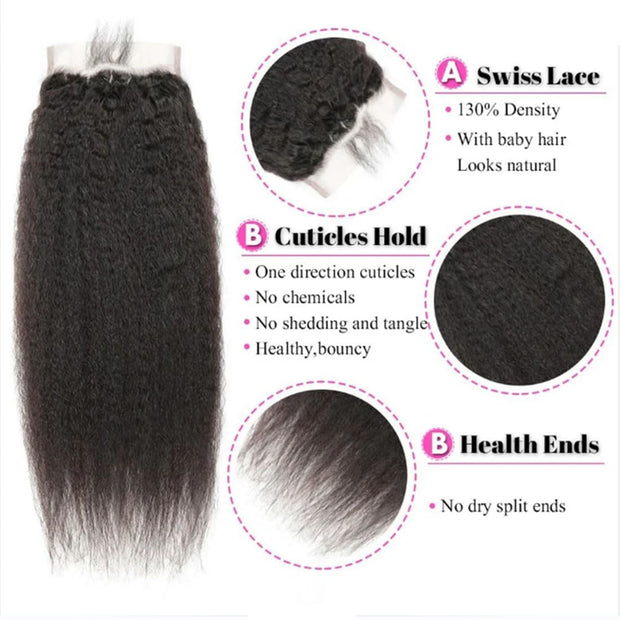5X5HD Lace Kinky Straight Closure Natural Black 100 Human Mink Hair Swiss Lace / Skin-melt Lace / Invisible Lace
