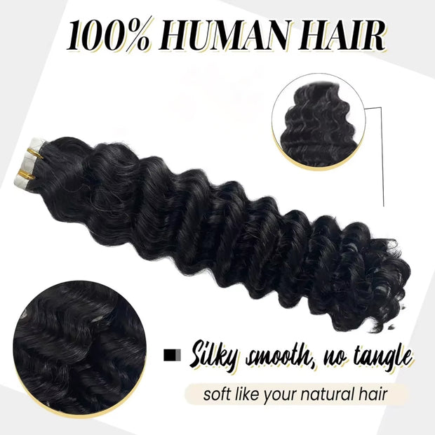 Tape In Hair Extensions Human Hair 50g Deep Wave Black Color With Replacement Tapes 20 Pcs, Remover