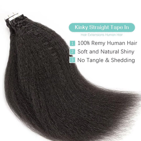Tape In Hair Extensions Human 50g Hair Kinky Straight Natural Color With Replacement Tapes 20 Pcs, Remover