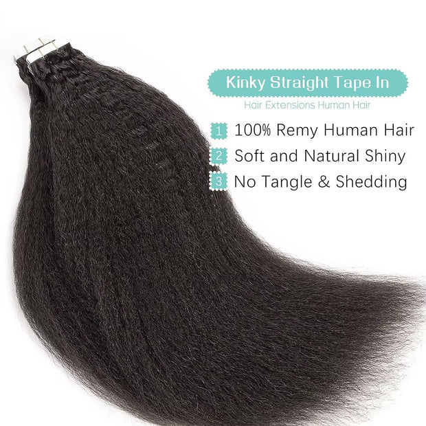 Tape In Hair Extensions Human 50g Hair Kinky Straight Natural Color With Replacement Tapes 20 Pcs, Remover