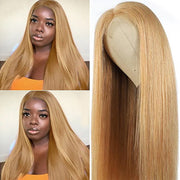 5X5 HD Lace Closure Wig Straight Honey Blonde  Human Hair Color #27