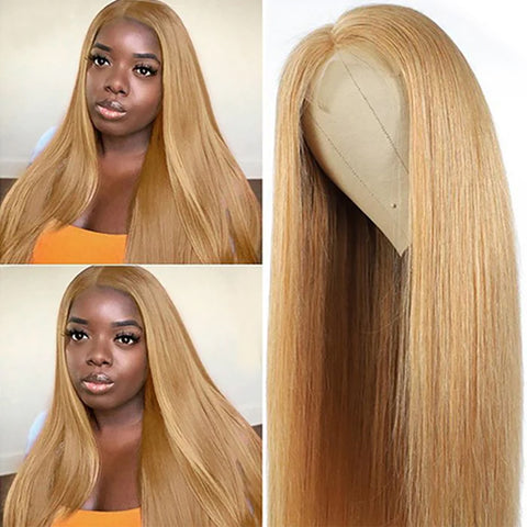 5X5 HD Lace Closure Wig Straight Honey Blonde  Human Hair Color #27