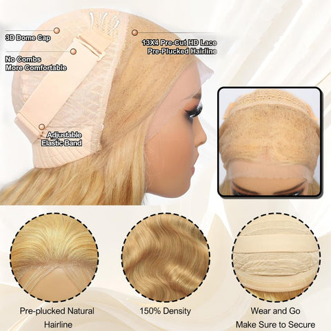 13x4 Lace Glueless Pre-Cut Lace Blonde(613) Wig Body Wave 180 Density Wear and Go Wig Human Hair