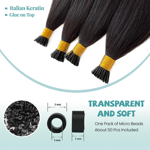 I-tip Premium Hair extensions Natural Black Straight