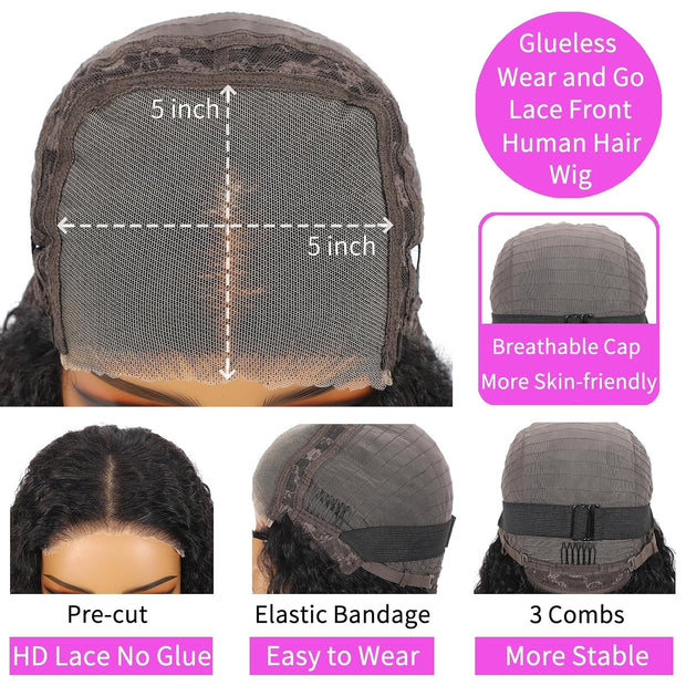 5x5HD Lace Wear to Go Glueless Wig Water Wave Pre-Cut Lace Closure  Wig 100 Virgin Human Hair Natural Color Swiss Lace / Skin-melt Lace / Invisible Lace
