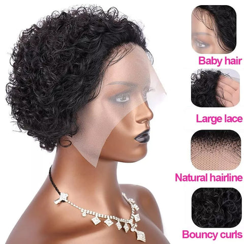 13x1 Lace Front Wigs,Short Curly Human Hair Wigs Pixie Cut Bob Glueless Wigs