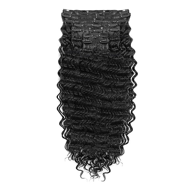 Clip in Mink Hair Extensions 100 Human Hair, 7pcs Natural Black Deep Wave