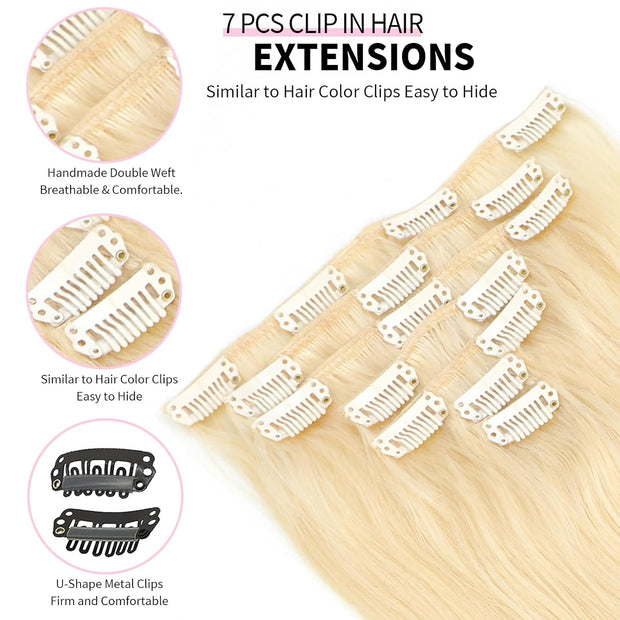 High Quality Clip In Blonde (613#) Straight Hair Extensions 100% Human Hair