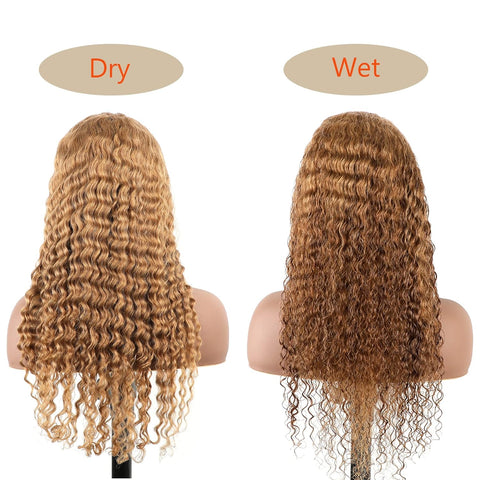 13X4 Deep Wave #27 Wig Transparent Lace Frontal wig 200 Density 100 remy Human Hair Honey Blonde