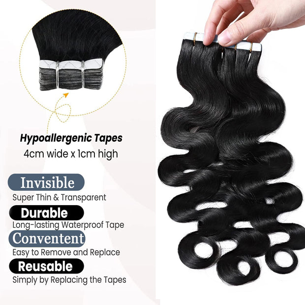 Tape-in Premium Human Hair Natural Color Body Wave - 20Pcs/Pack