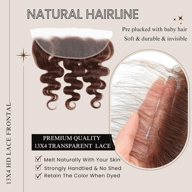 13x4 Lace Frontal Mudium Brown(#4) Body Wave Unprocessed 100% Human Hair Lace Frontal