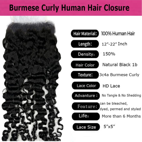 5x5HD Lace Closure Burmese Curl Natural Color Human Hair