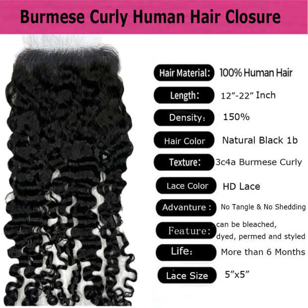 5x5HD Lace Closure Burmese Curl Natural Color Human Hair