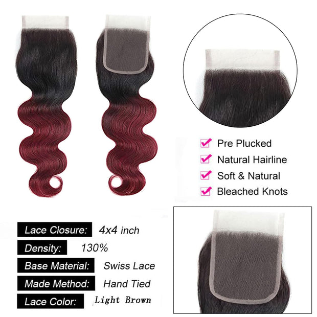 4X4 Lace Closure Body Wave Ombre (1B99J) 100% Human Hair Closure