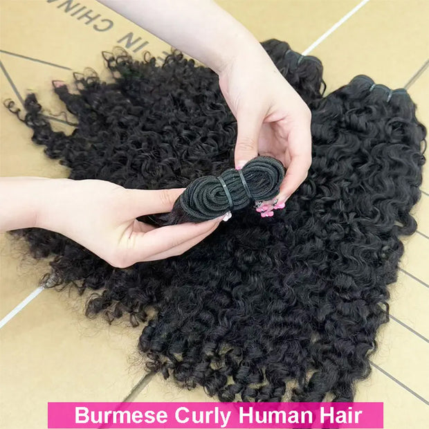Burmese Curly Human Hair Bundles #1B Natural Color Wavy Mink Hair and 5*5 Transparent Closure For Women