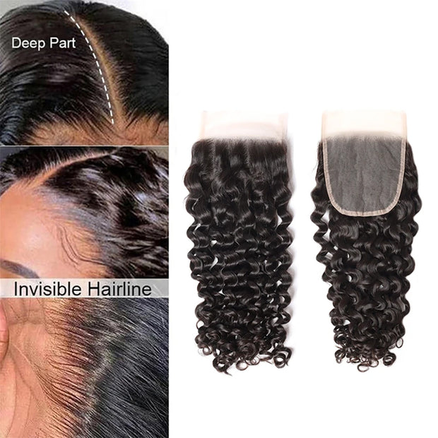 Burmese Curly Human Hair Bundles #1B Natural Color Wavy Mink Hair and 5*5 Transparent Closure For Women