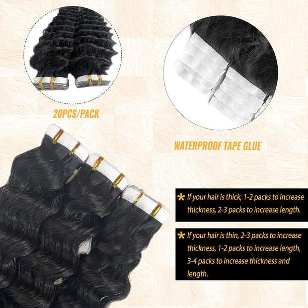 Tape-in Premium Human Hair Natural Color Deep Wave - 20Pcs/Pack