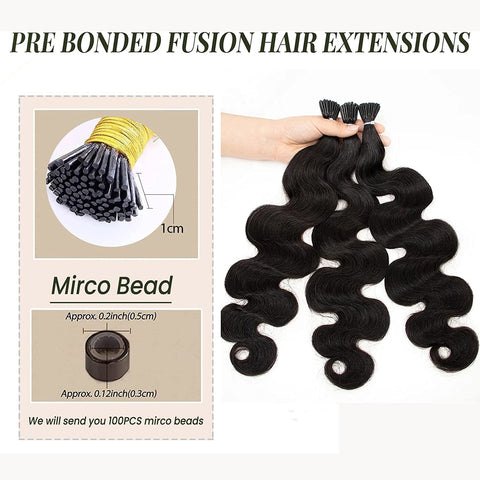 I-tip Premium Hair extensions Natural Black Body Wave