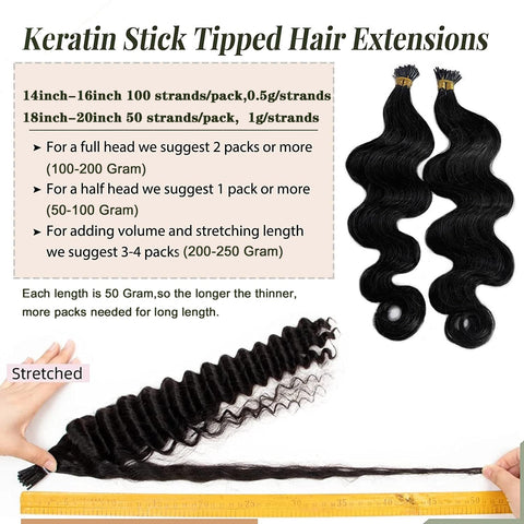 I-tip Premium Hair extensions Natural Black Body Wave