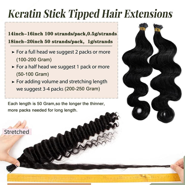 I-tip Premium Hair extensions Natural Black Body Wave