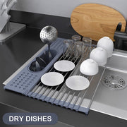 Roll Up Dish Drying Rack 17.5"(L) x 11"(W) - SUS304 Multi-Purpose Rack Rollable Stainless Steel Dish Drainer with Utensil Holder for Kitchen Sink