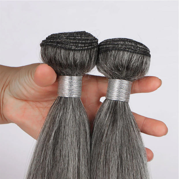 Salt and Pepper Straight Human Hair Bundles Natural Grey