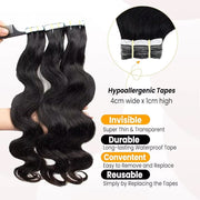 Tape In Hair Extensions Human Hair 50g Body Wave Black and Dark Brown Color With Replacement Tapes 20 Pcs, Remover