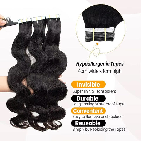 Tape In Hair Extensions Human Hair 50g Body Wave Black and Dark Brown Color With Replacement Tapes 20 Pcs, Remover