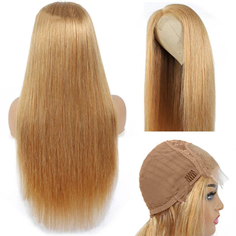 5X5 HD Lace Closure Wig Straight Honey Blonde  Human Hair Color #27