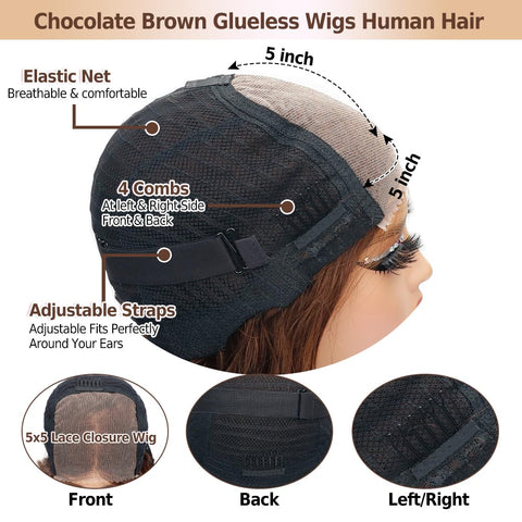 5x5 Lace Closure Glueless Wig  Body Wave Color #4 Human Hair Wear Go Chocolate Brown